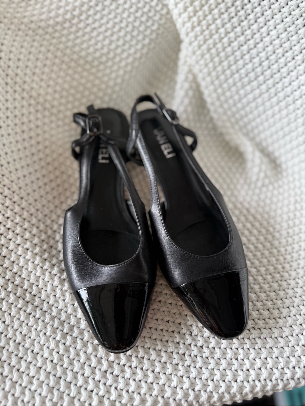 Vaneli Black Leather Slingback Heels with Patent Cap Toe
